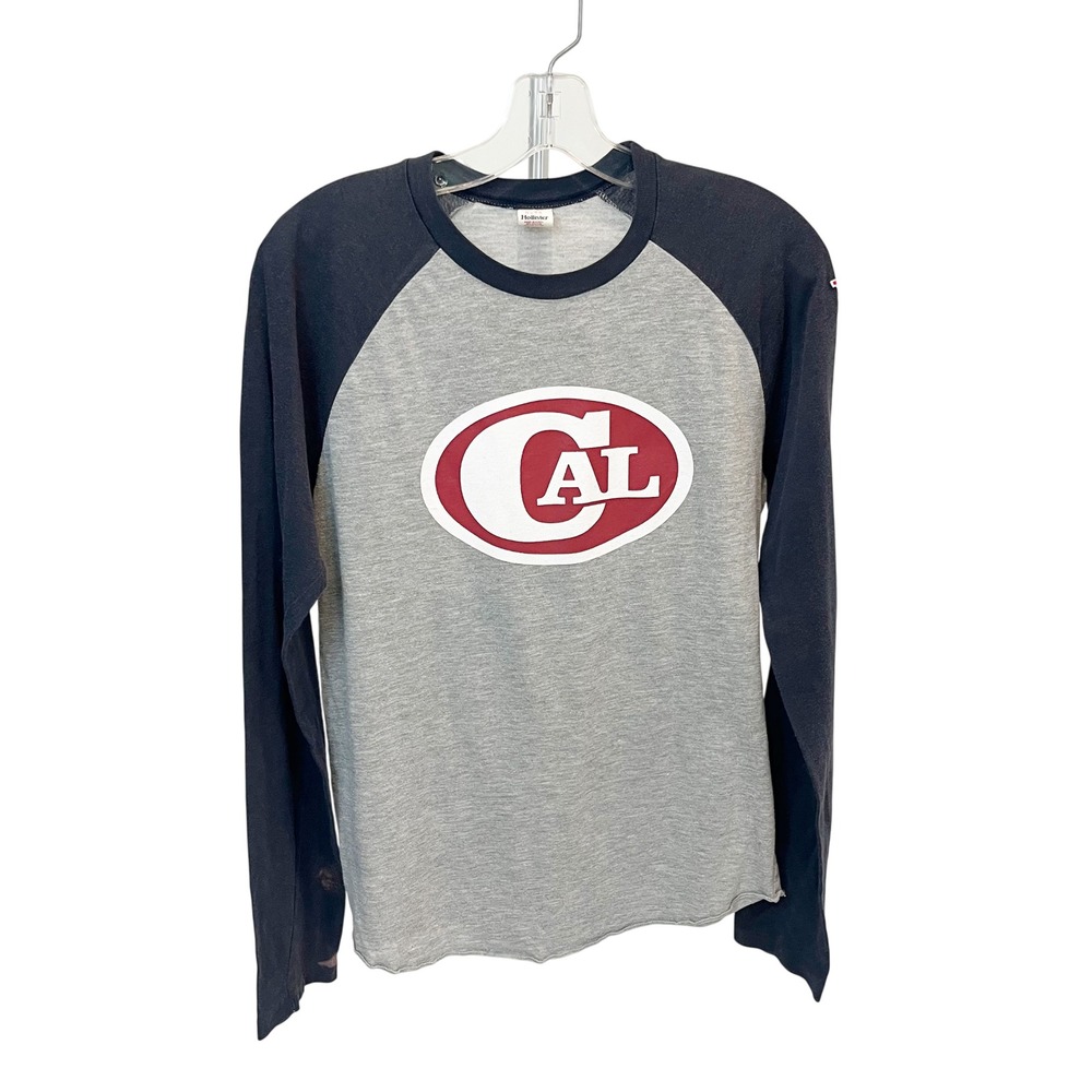 Hollister Mens Raglan‎ Long Sleeve Shirt Gray Navy Blue Cal Graphic Y2K Small